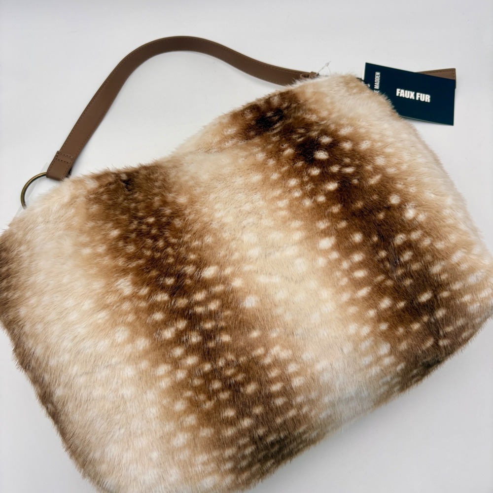 Steve Madden BWALLER Faux Fur Spotted Deer Print Shoulder Hobo Bag Brown Cream